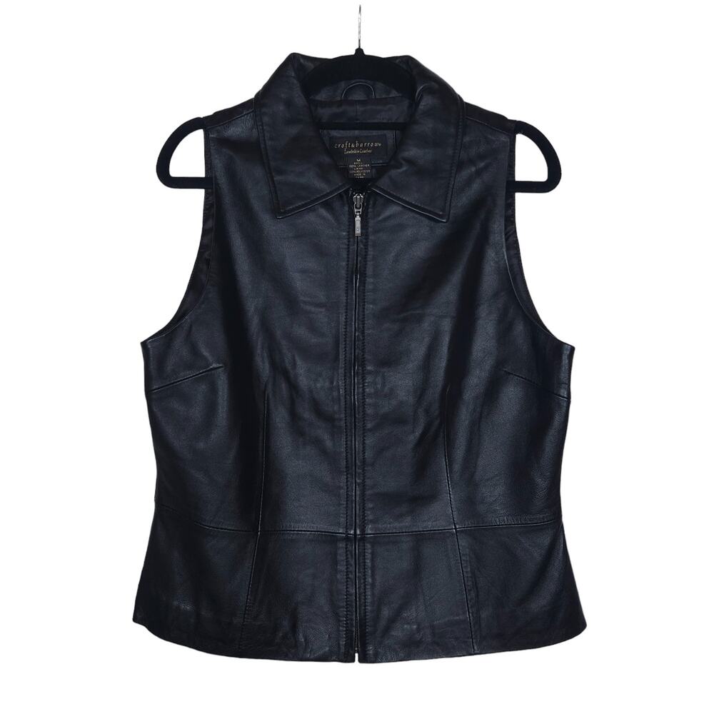 Vintage Croft & Barrow Womens Leather Vest Medium Black Leather Zip Up Moto